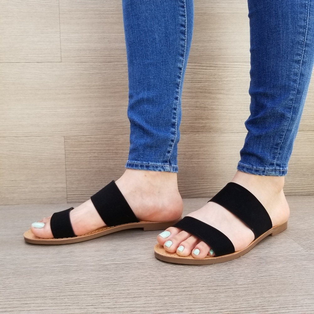 Slip On 2 Strap Flat slider Sandal Black Velvet-C - Picture 8 of 8